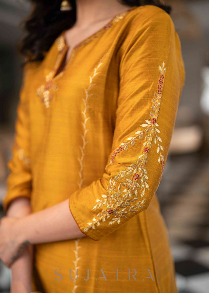 ON-SALE-elegant-mustard-cotton-silk-pant-kurta-with-gold-rust-embroidered-detailing-dupatta-optional