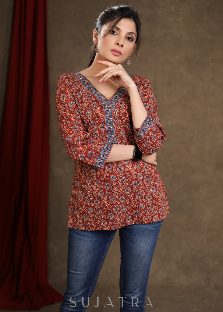 Smart Maroon Ajrakh Printed Top & Stone Embellishment