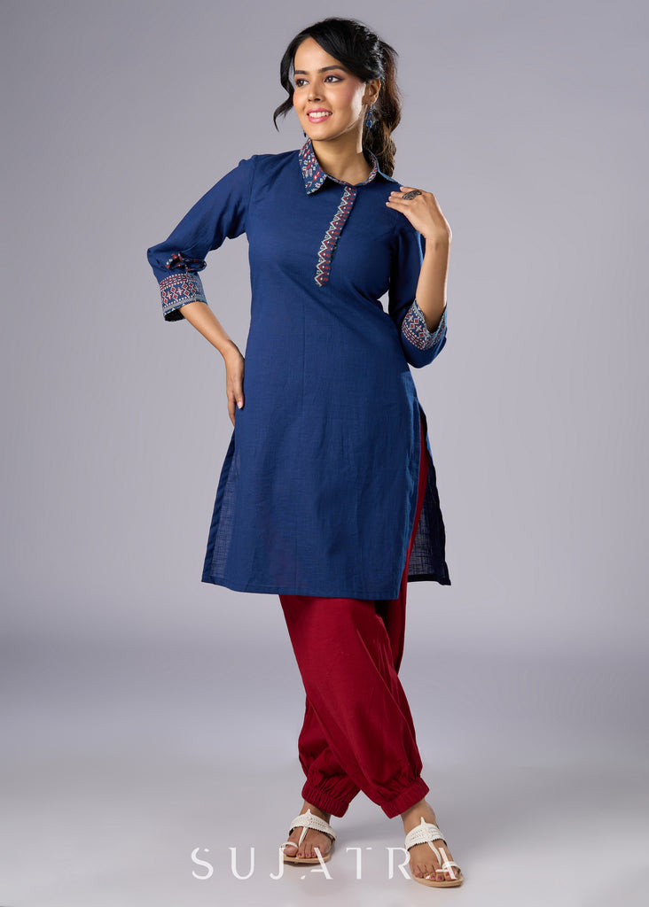 Classic Navy Blue Cotton Tunic with Stylish Collar - Pant Additional