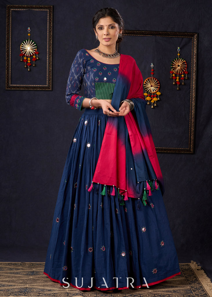 Exclusive Navy Blue Mirror Work Lehenga With Matching Blouse & Dupatta