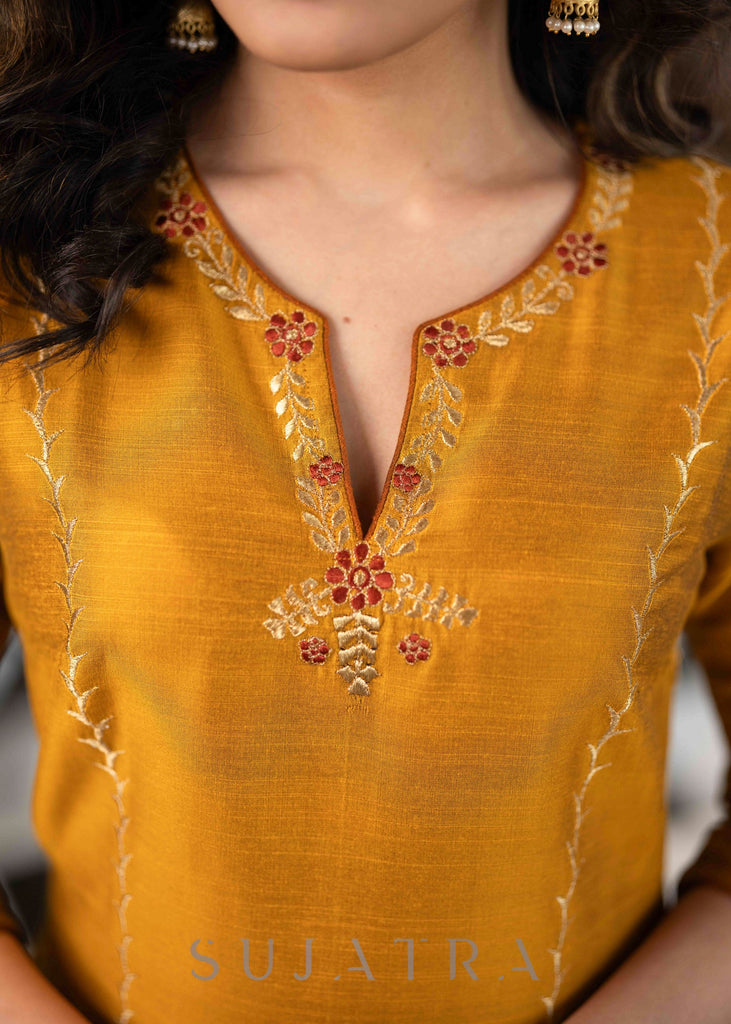 ON-SALE-elegant-mustard-cotton-silk-pant-kurta-with-gold-rust-embroidered-detailing-dupatta-optional