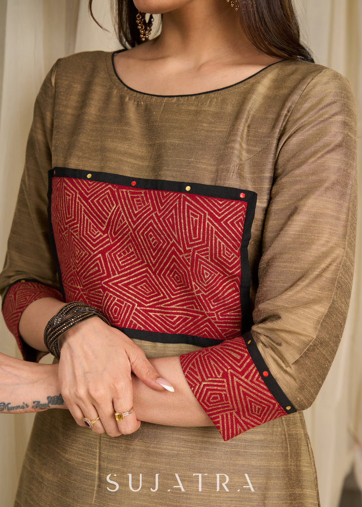 Golden cotton silk kurta featuring bold block print accents & intricate artwork detailing