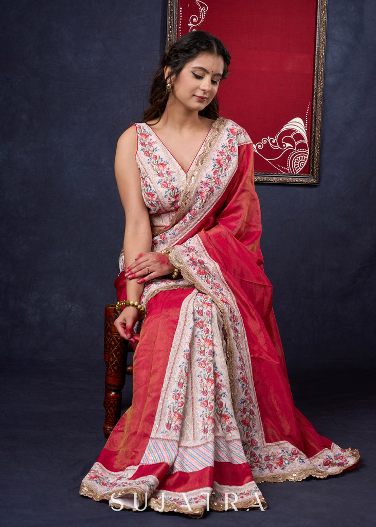 Gorgeous Pink Tissue Saree with Chickankari Pleats & Border highlighted with Gold border