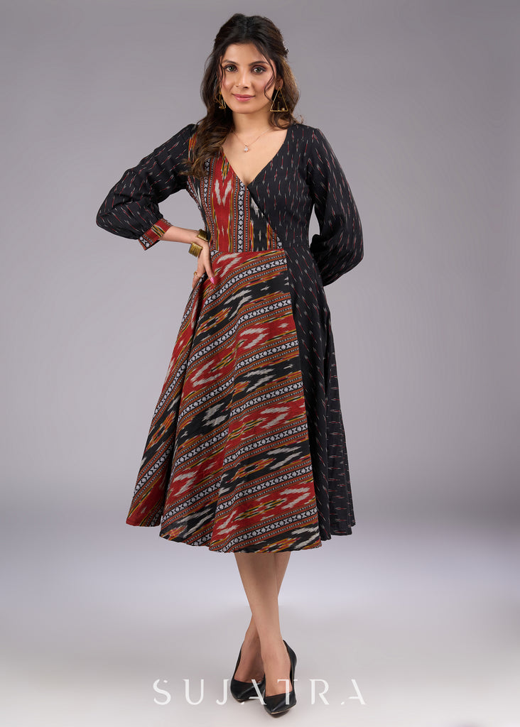 Modern Mix Ikat Black Cotton Flared Dress