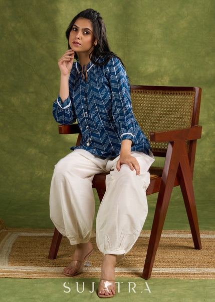 Blue Rayon Printed Top With Tie Neck Details - Pant Optional