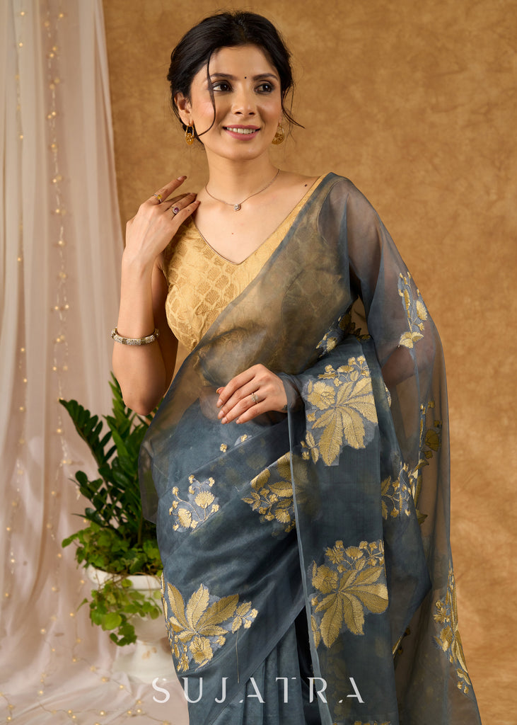 Distinctive Grey Kota Organza Saree With Embroidered Motifs All Over