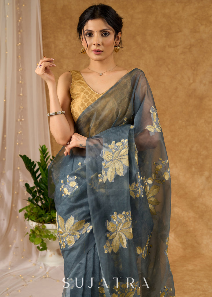 Distinctive Grey Kota Organza Saree With Embroidered Motifs All Over