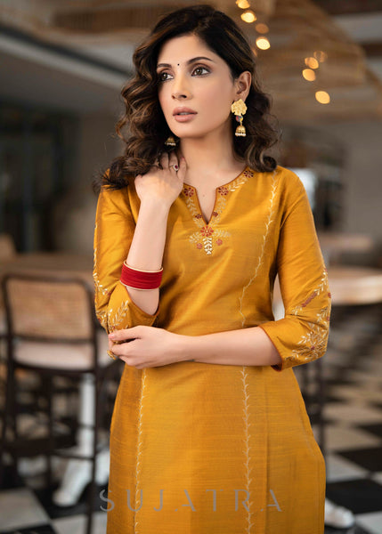 ON-SALE-elegant-mustard-cotton-silk-pant-kurta-with-gold-rust-embroidered-detailing-dupatta-optional