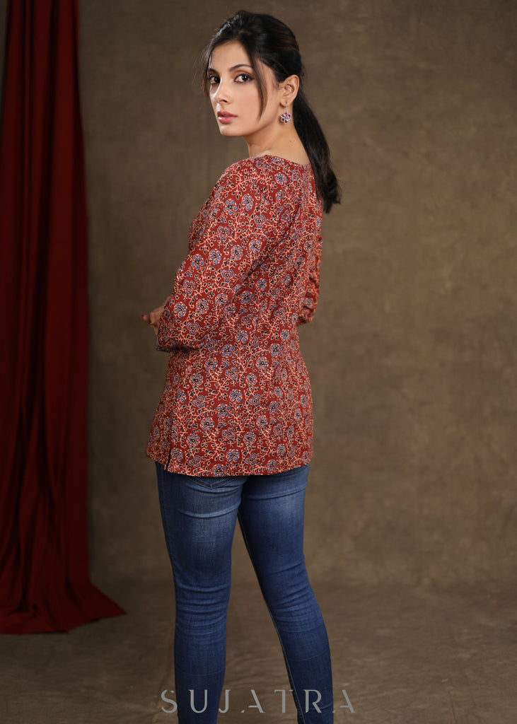 Smart Maroon Ajrakh Printed Top & Stone Embellishment