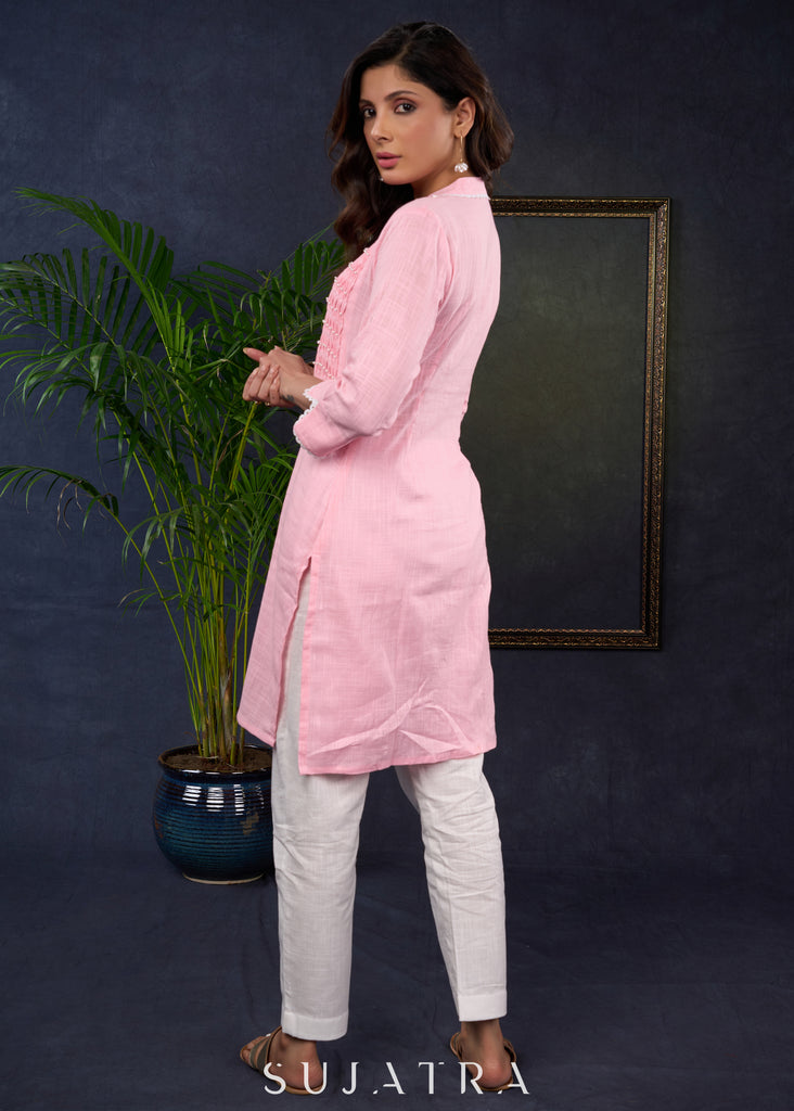 Pink Cotton Tunic With Beautiful Tucks And Sparkling Pearl Highlights - Pant Optional