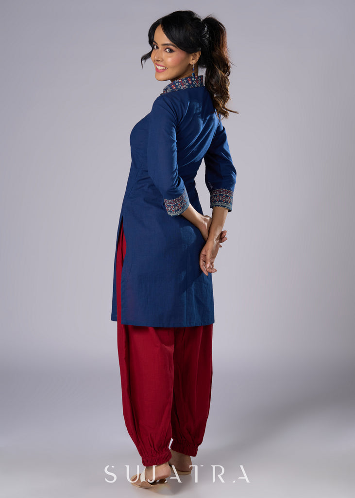 Classic Navy Blue Cotton Tunic with Stylish Collar - Pant Additional