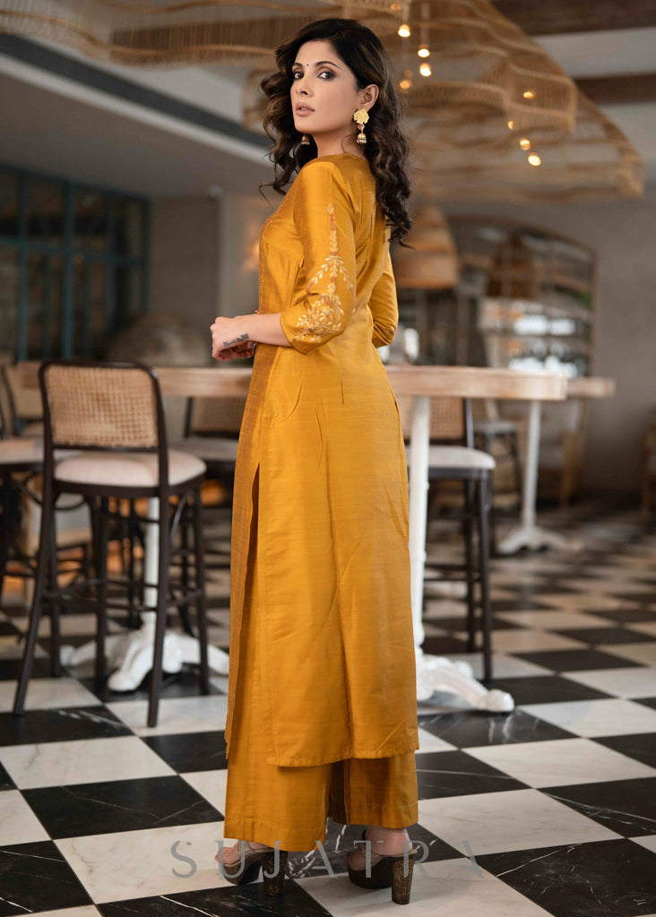 ON-SALE-elegant-mustard-cotton-silk-pant-kurta-with-gold-rust-embroidered-detailing-dupatta-optional