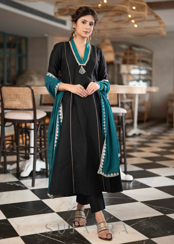 ON-SALE-beautiful-black-cotton-silk-pant-a-line-kurta-with-turquoise-detailing-brooch-dupatta-optional