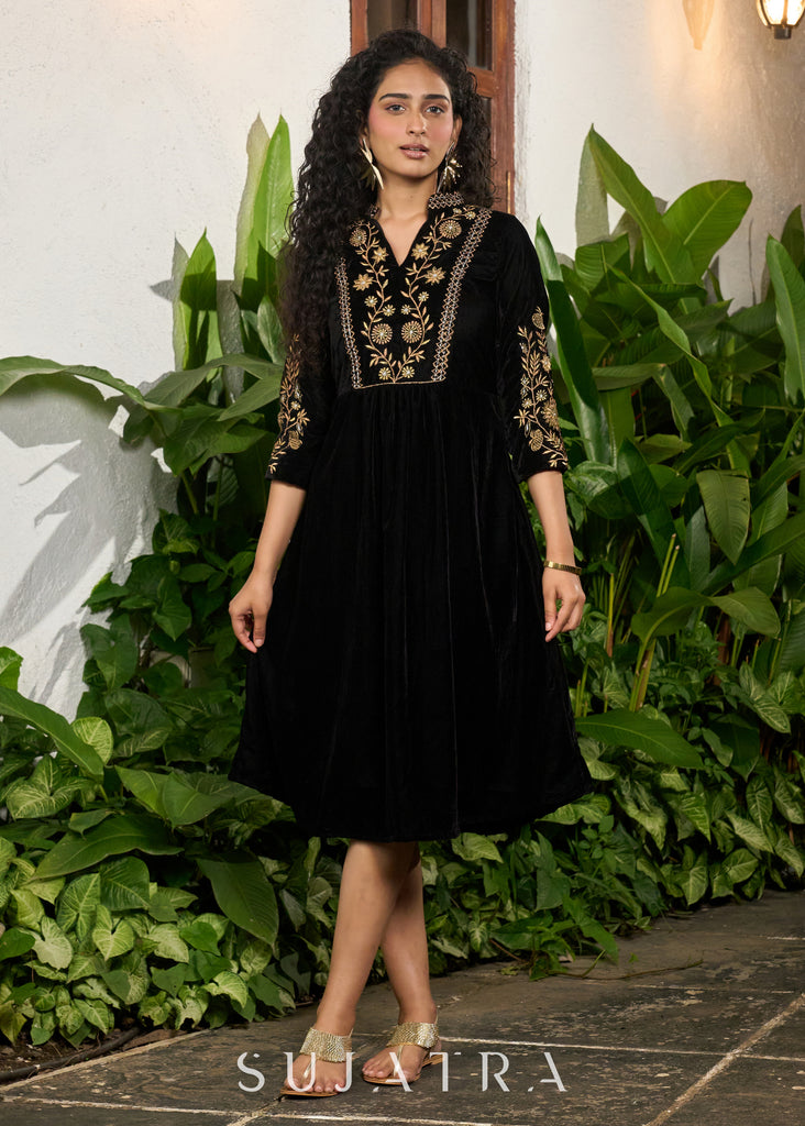 Exclusive black velvet floral embroidered one piece dress