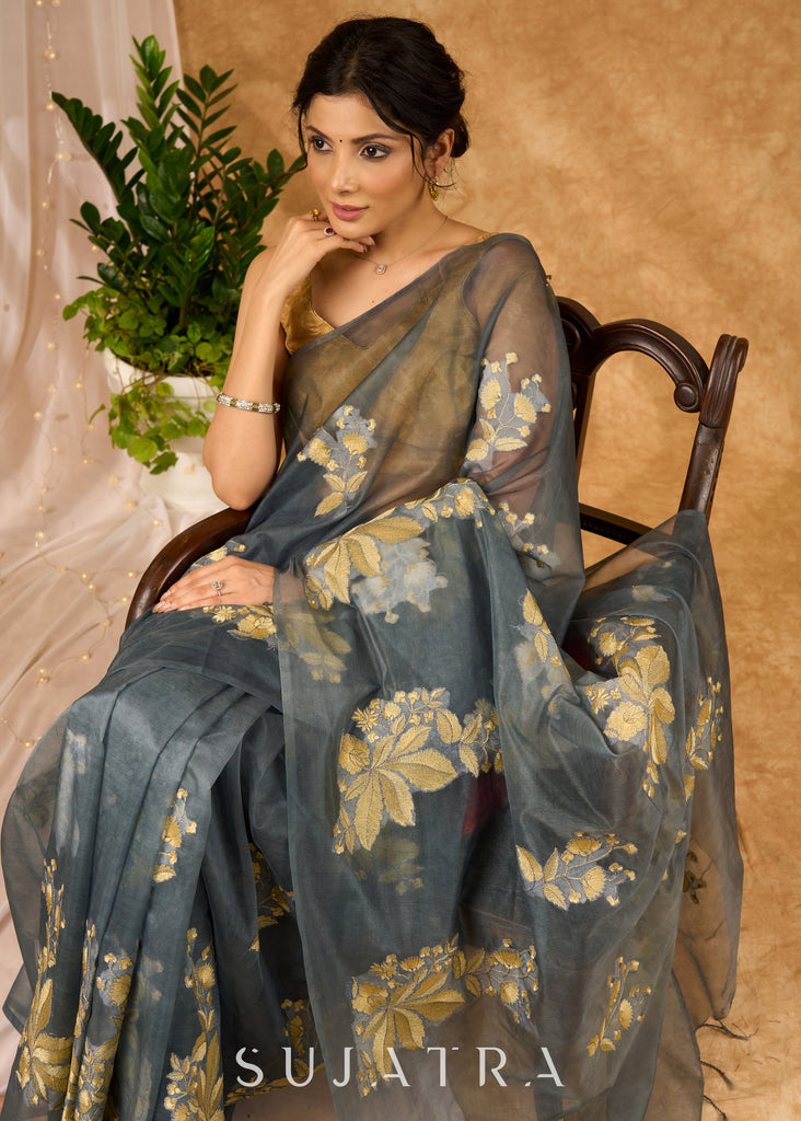 Distinctive Grey Kota Organza Saree With Embroidered Motifs All Over