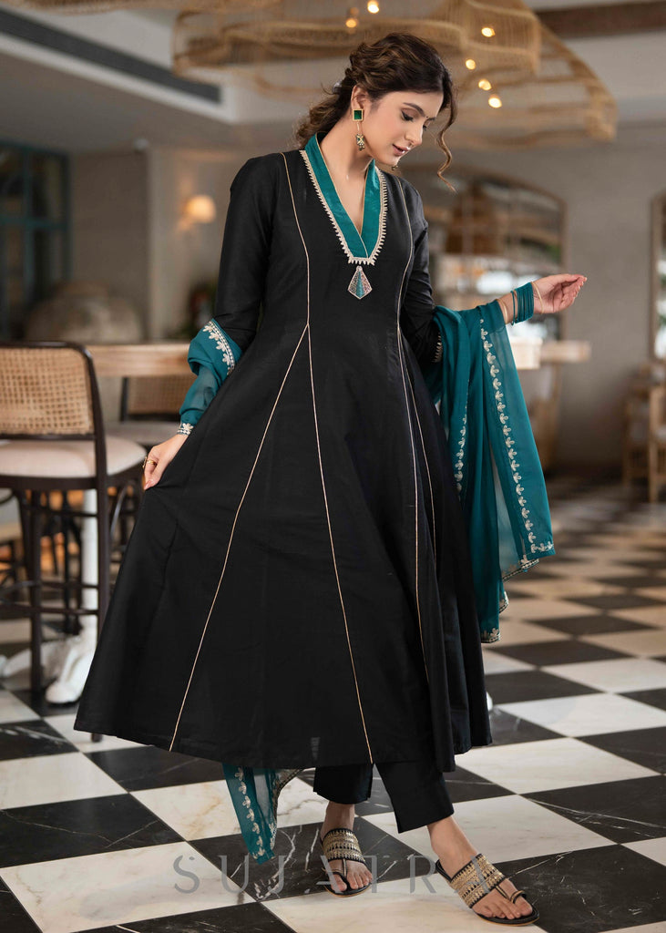 ON-SALE-beautiful-black-cotton-silk-pant-a-line-kurta-with-turquoise-detailing-brooch-dupatta-optional