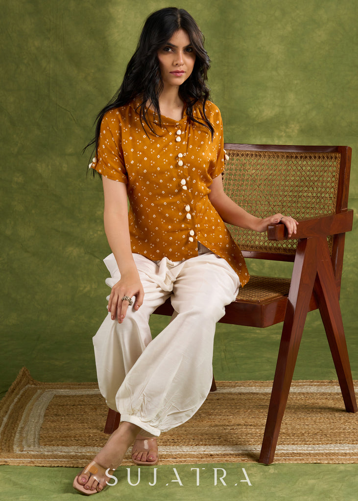 Vibrant Mustard Bandhani Asymmetrical Top - Pant Optional