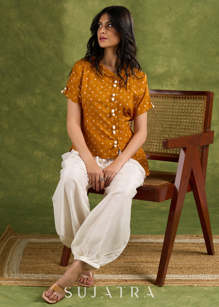 Vibrant Mustard Bandhani Asymmetrical Top - Pant Optional