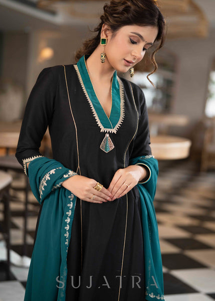 ON-SALE-beautiful-black-cotton-silk-pant-a-line-kurta-with-turquoise-detailing-brooch-dupatta-optional