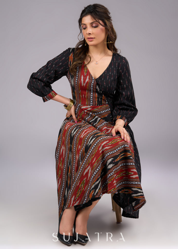 Modern Mix Ikat Black Cotton Flared Dress