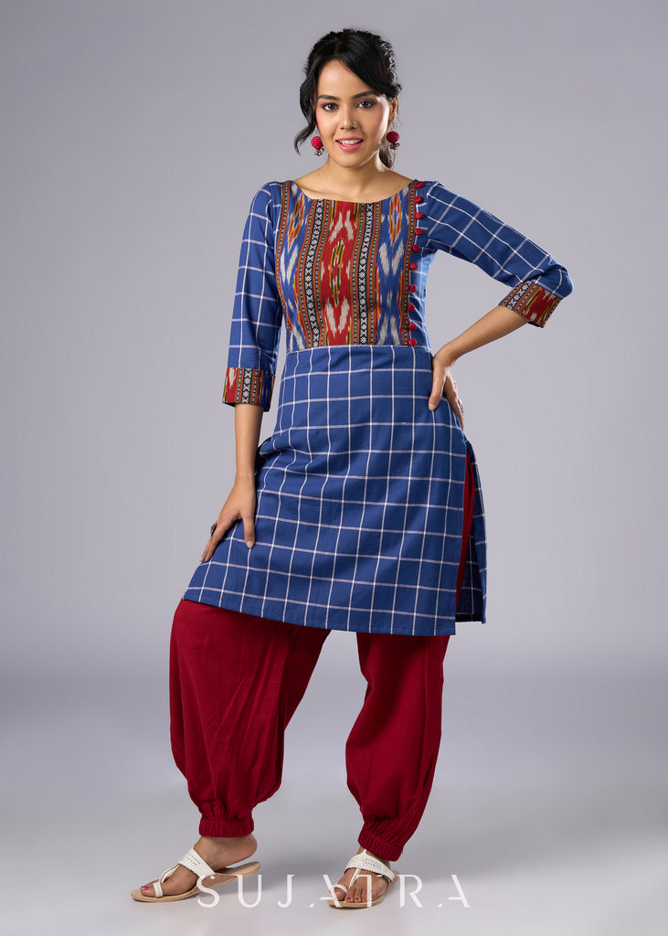 Attractive Blue Cotton Ikat combination Tunic- Pant Additional