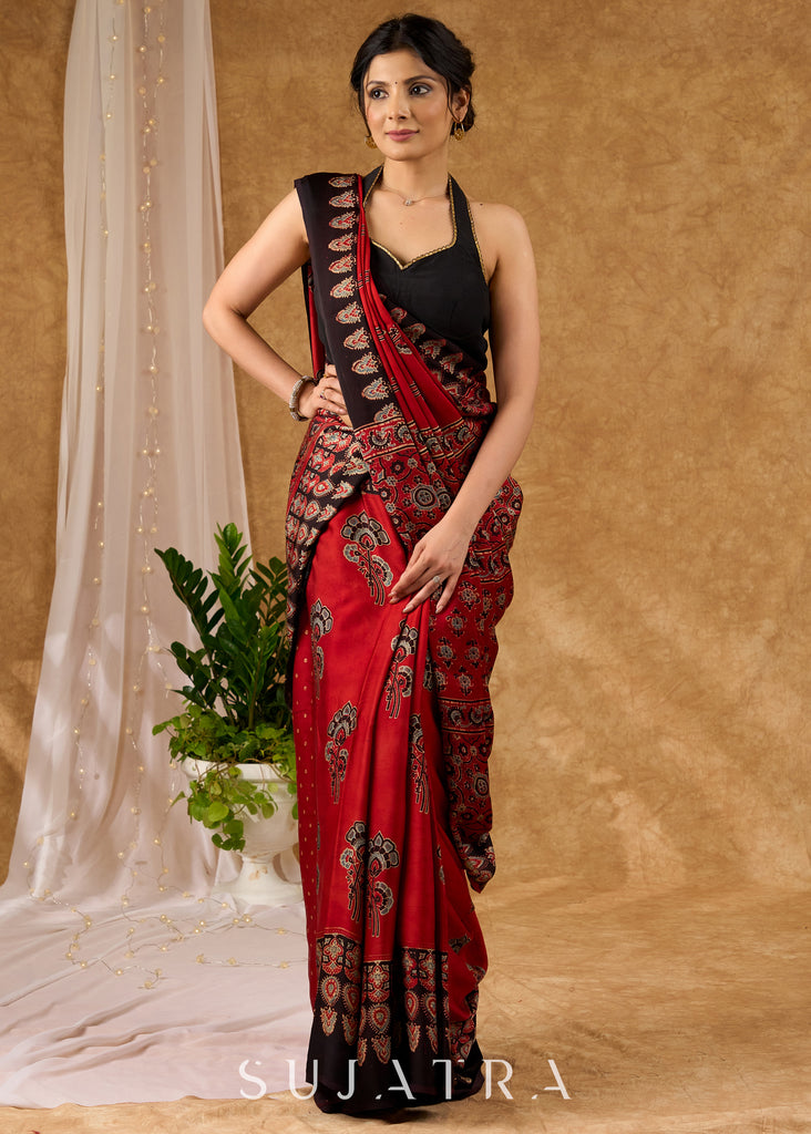 Exquisite Pure Modal Silk Maroon Block Printed Saree