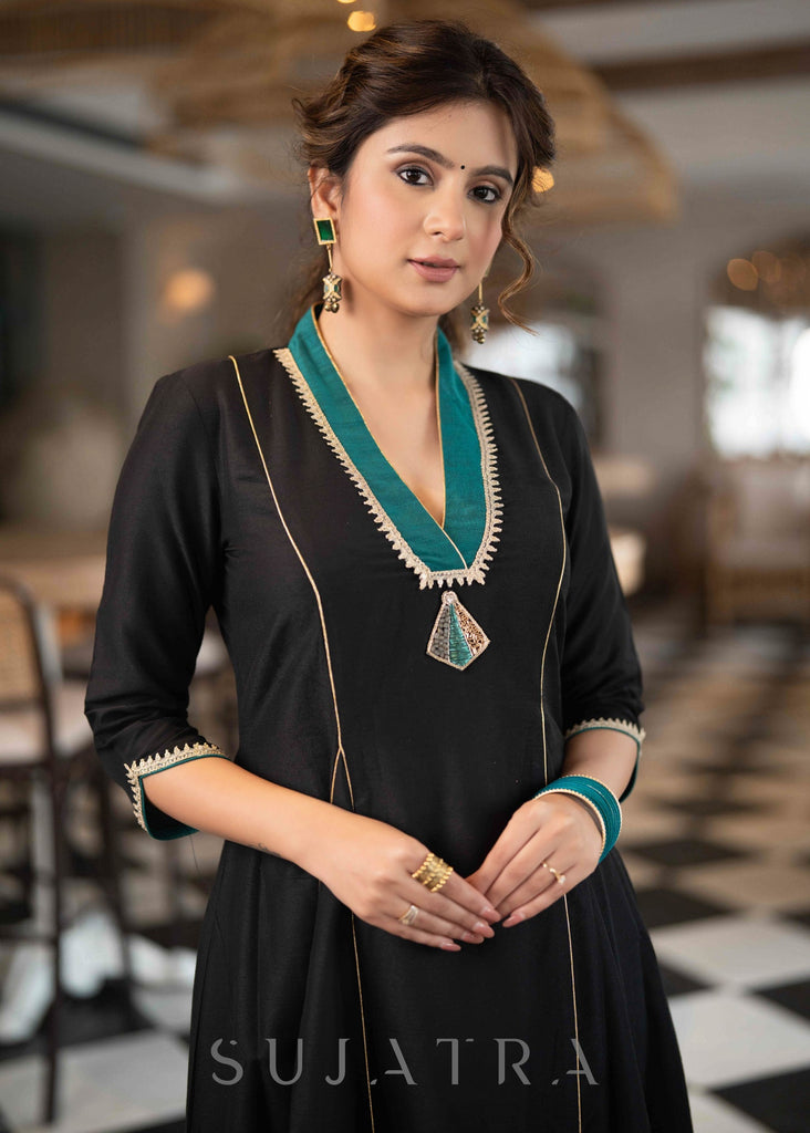 ON-SALE-beautiful-black-cotton-silk-pant-a-line-kurta-with-turquoise-detailing-brooch-dupatta-optional