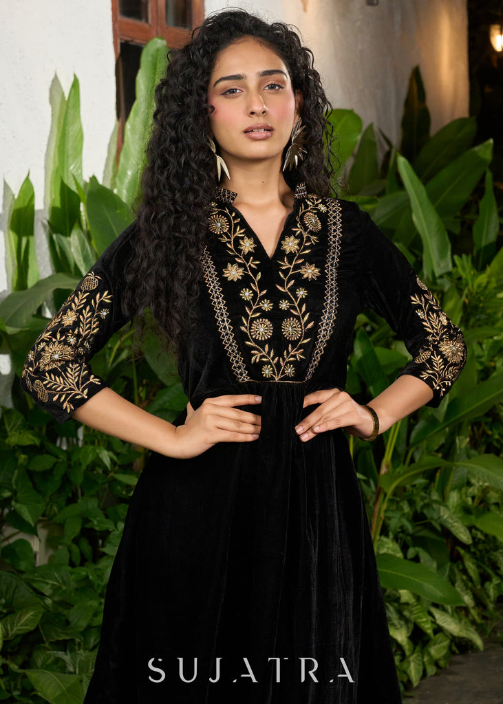 Exclusive black velvet floral embroidered one piece dress