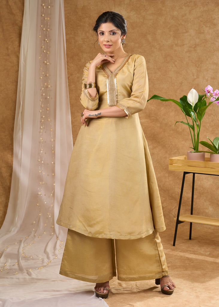 Subtle golden tissue A line kurta Tissue pant optional