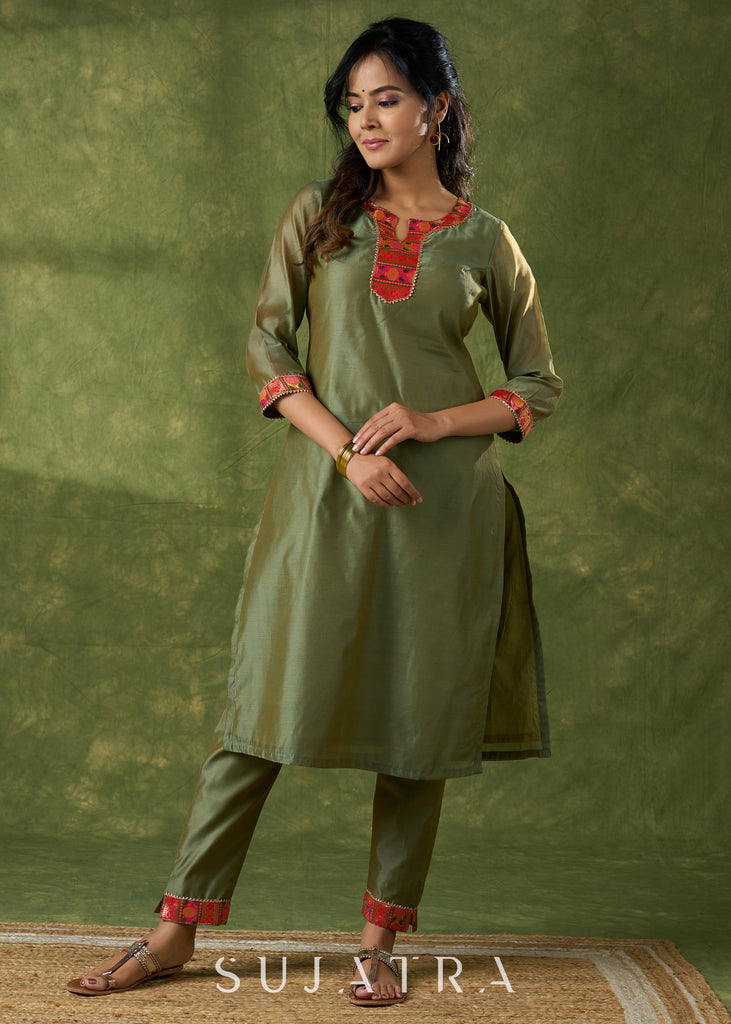 Soothing Olive Chanderi Kurta With Brocade Details - Pant Optional