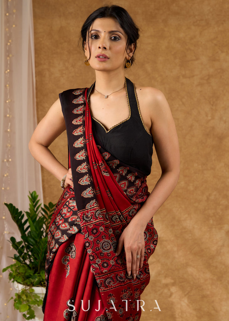 Exquisite Pure Modal Silk Maroon Block Printed Saree