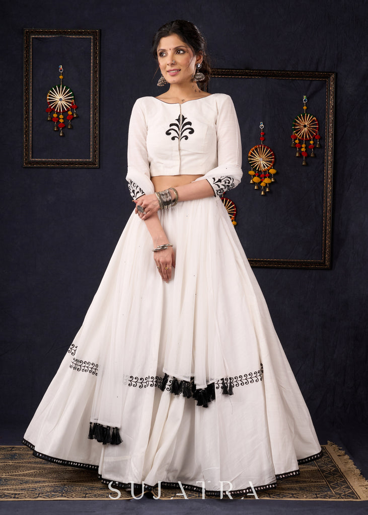 Elegant White Silk Lehenga In Black Embroidery With Matching Blouse & Dupatta