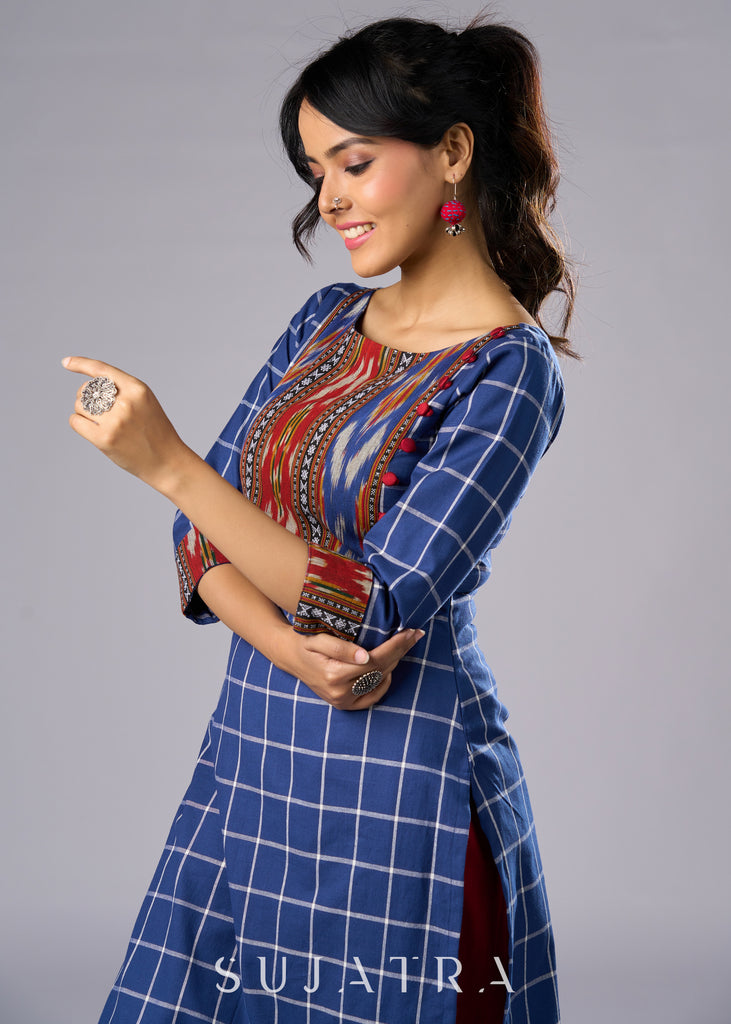 Attractive Blue Cotton Ikat combination Tunic- Pant Additional