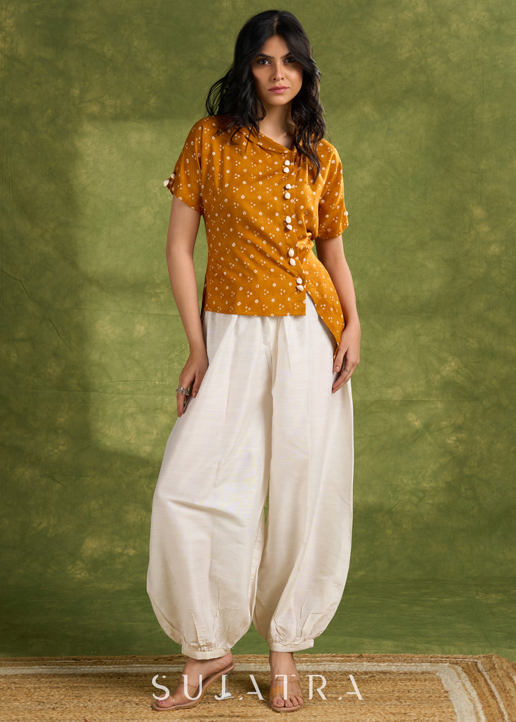 Vibrant Mustard Bandhani Asymmetrical Top - Pant Optional