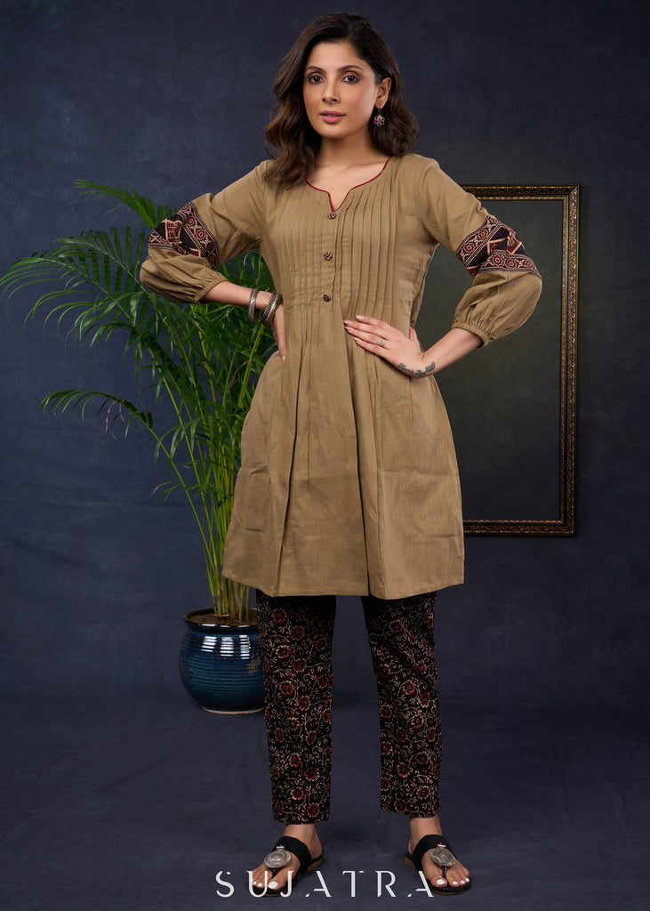 Dark Beige Cotton Tunic With Ajrakh Highlights - Pant Optional