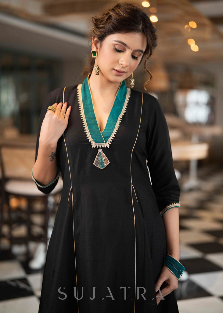 ON-SALE-beautiful-black-cotton-silk-pant-a-line-kurta-with-turquoise-detailing-brooch-dupatta-optional