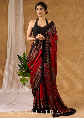 Exquisite Pure Modal Silk Maroon Block Printed Saree