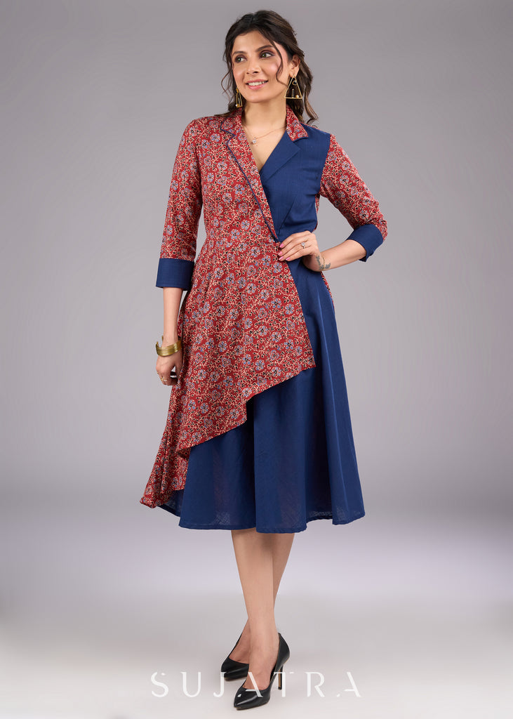 Floral Fusion Ajrakh Navy Blue Cotton Blazer Dress