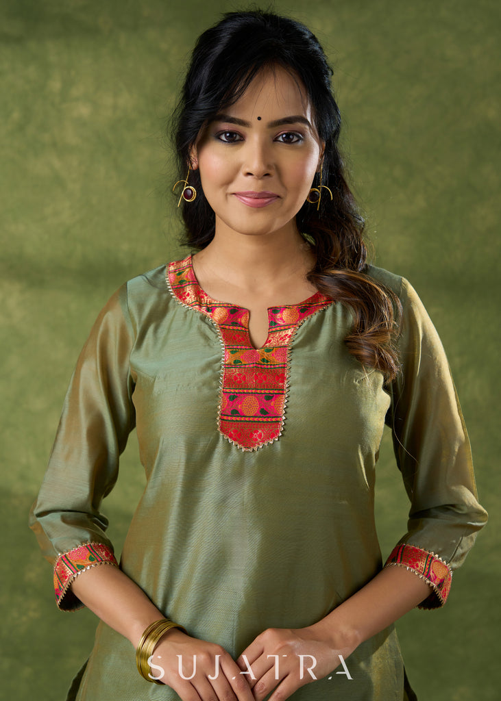 Soothing Olive Chanderi Kurta With Brocade Details - Pant Optional