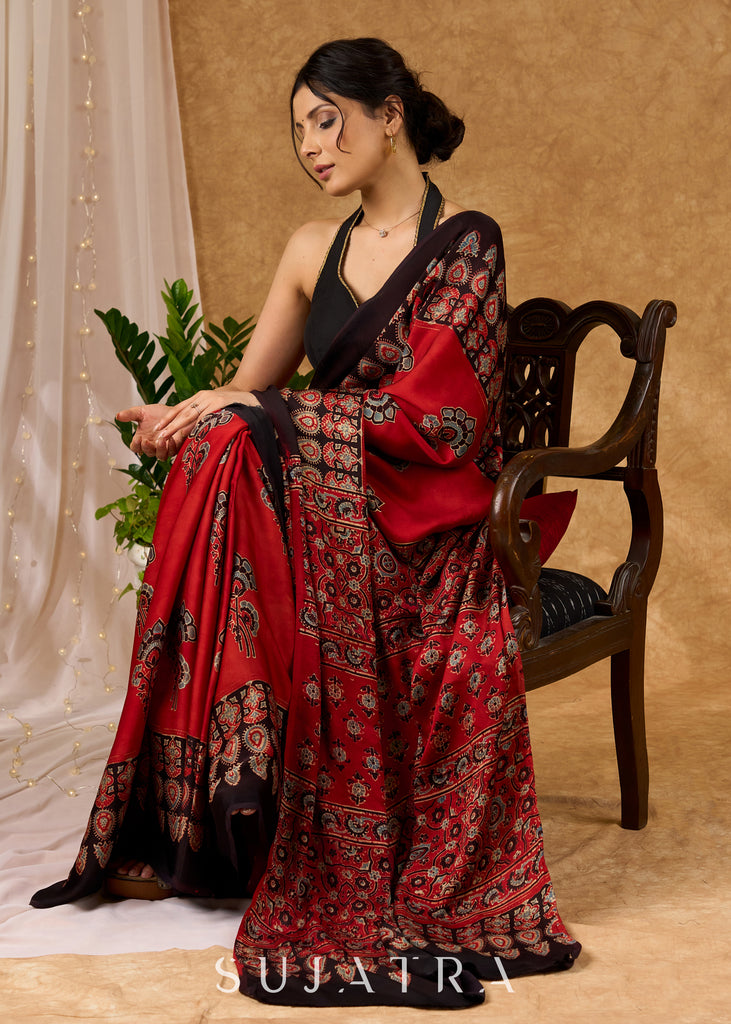 Exquisite Pure Modal Silk Maroon Block Printed Saree