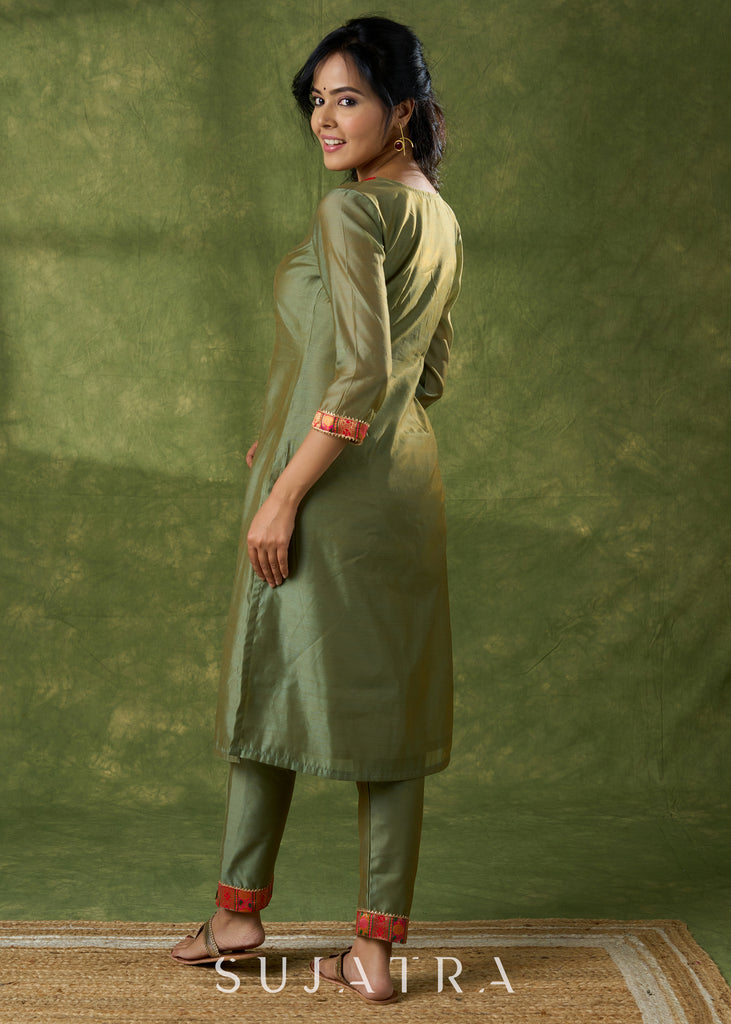 Soothing Olive Chanderi Kurta With Brocade Details - Pant Optional