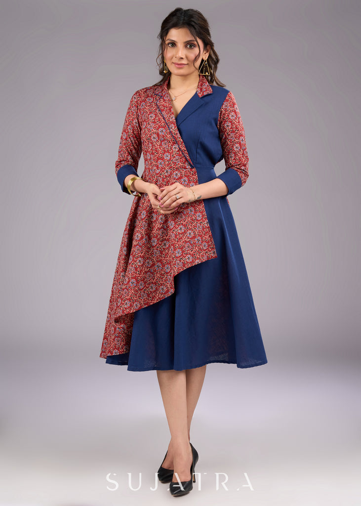 Floral Fusion Ajrakh Navy Blue Cotton Blazer Dress