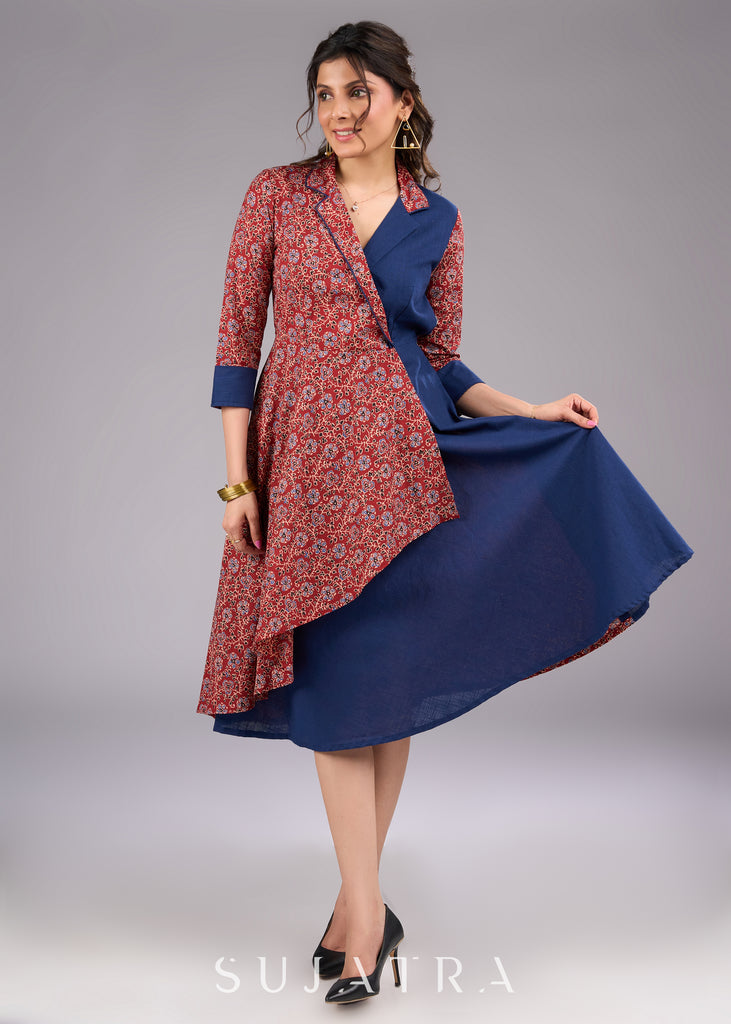 Floral Fusion Ajrakh Navy Blue Cotton Blazer Dress