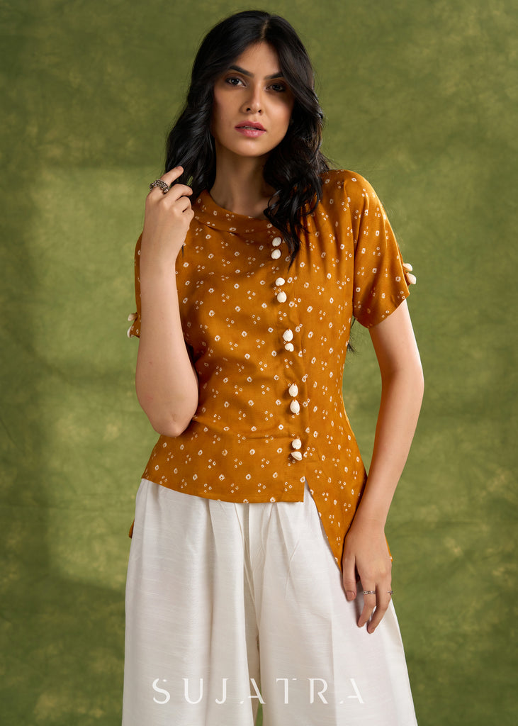 Vibrant Mustard Bandhani Asymmetrical Top - Pant Optional