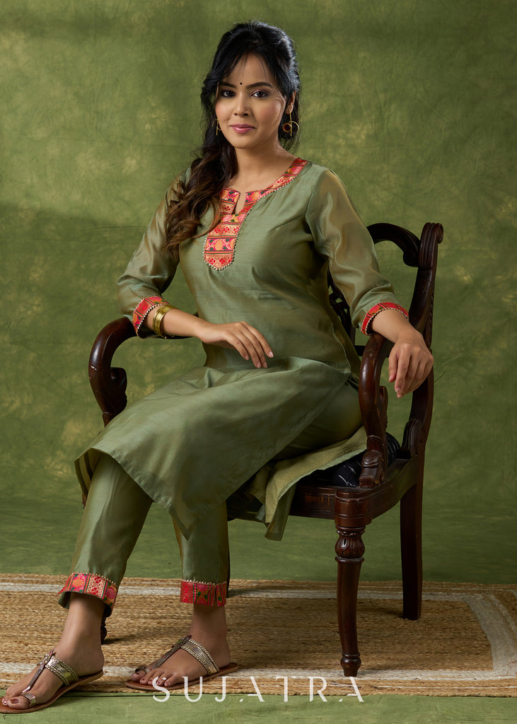 Soothing Olive Chanderi Kurta With Brocade Details - Pant Optional