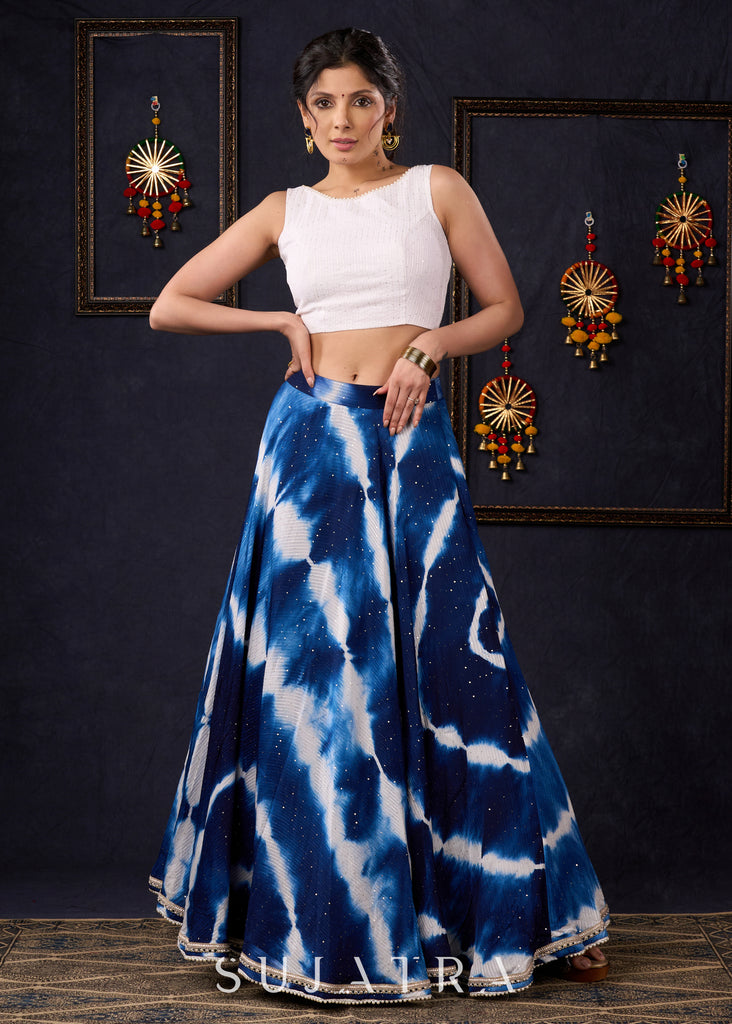 Graceful Navy Blue Shibori Self-Embroidered Lehenga With Contrast Blouse & Matching Dupatta.