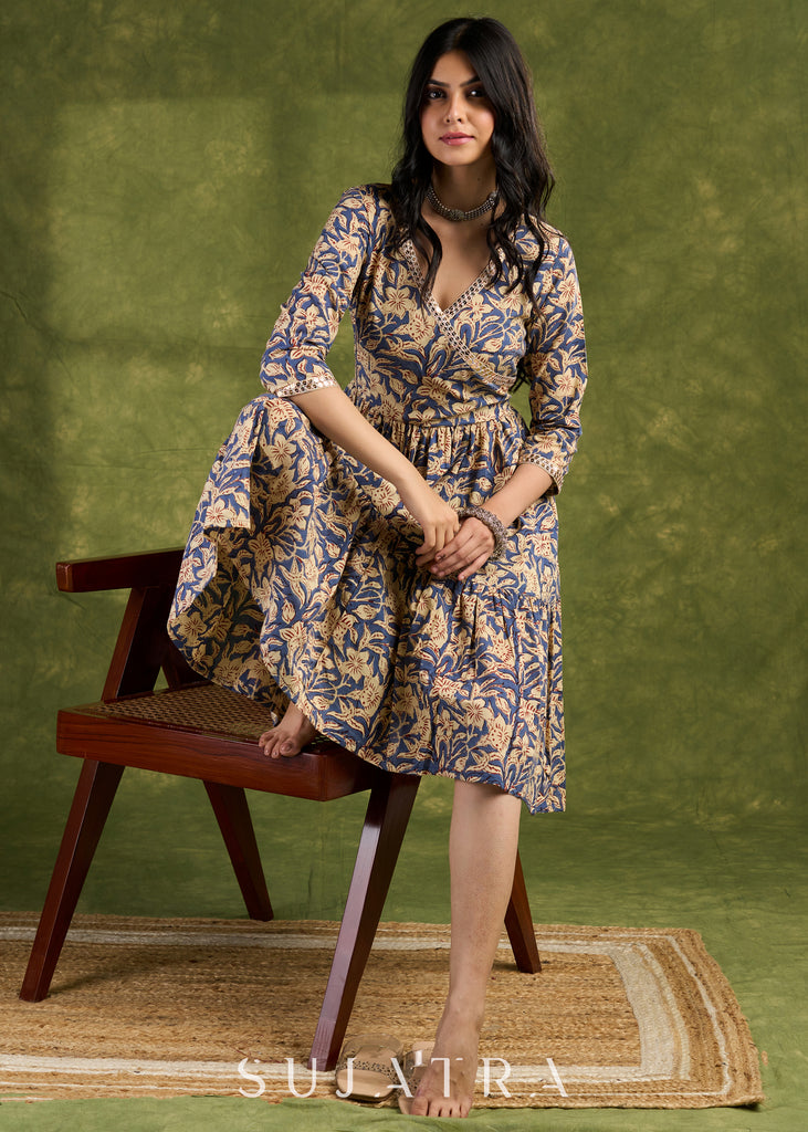 Floral Wrap Cotton Dress, Sophistication Redefined In Exquisite Layered Block Printed Floral Patterns