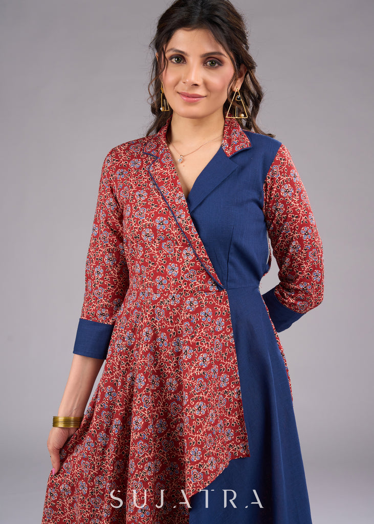 Floral Fusion Ajrakh Navy Blue Cotton Blazer Dress