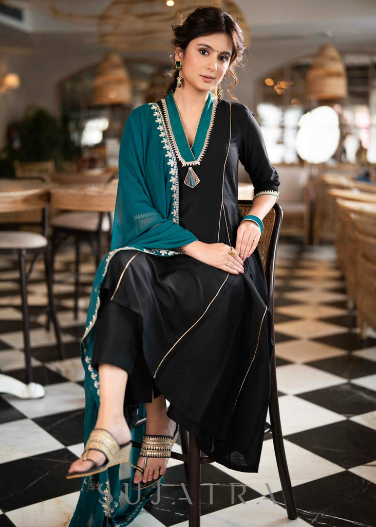 ON-SALE-beautiful-black-cotton-silk-pant-a-line-kurta-with-turquoise-detailing-brooch-dupatta-optional