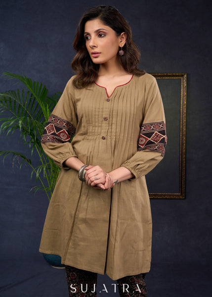 Dark Beige Cotton Tunic With Ajrakh Highlights - Pant Optional